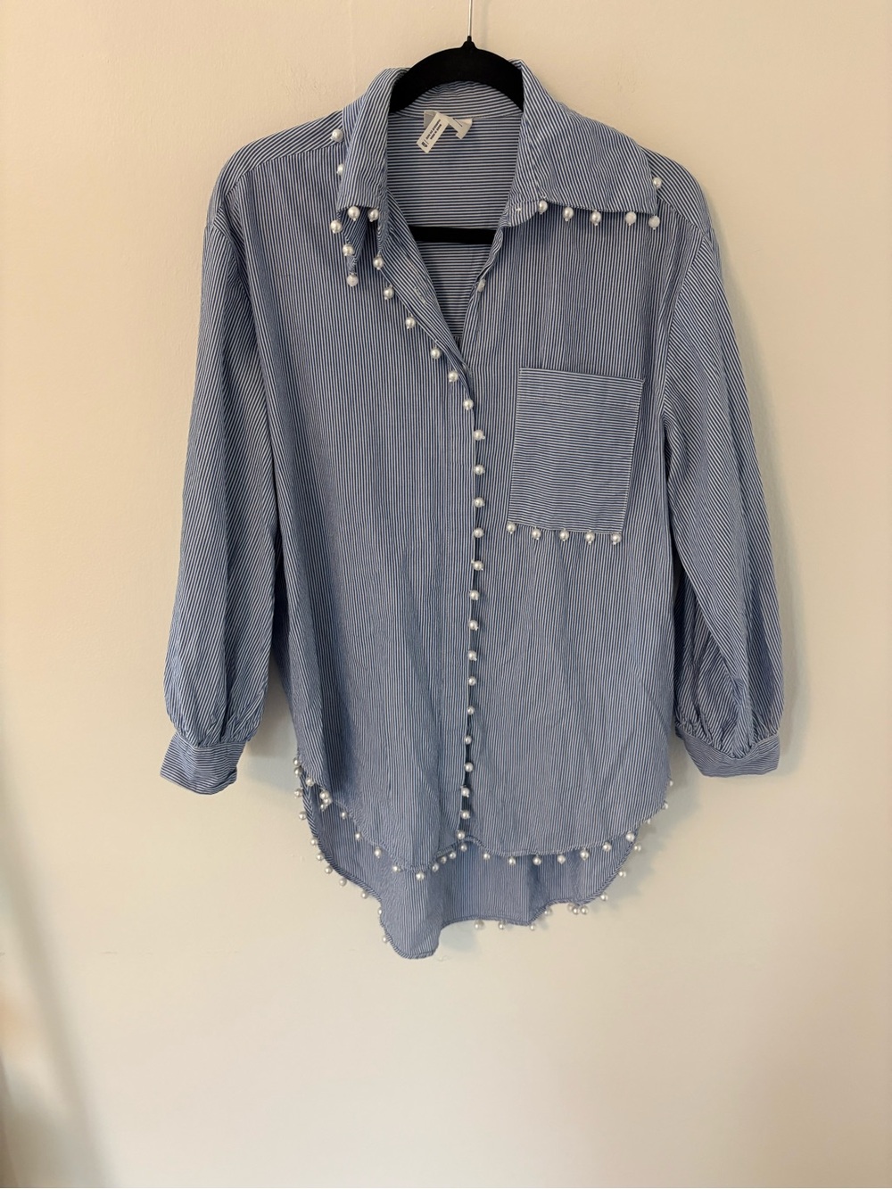 Women’s Blue Striped Pearl-Trim Button-Up Shirt